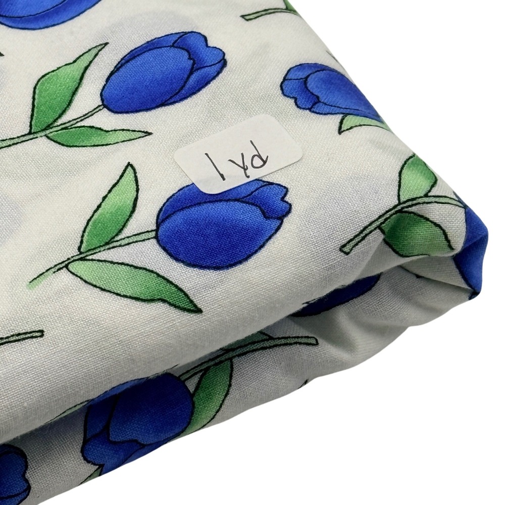 Unbranded Blue Tulip Floral Print Fabric Cotton 1 Yard White Blue Green Woven
